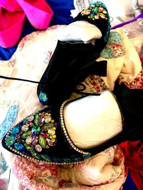 Black Embellished Women's Flats, Multicolor Gem Detail, original, handmade.